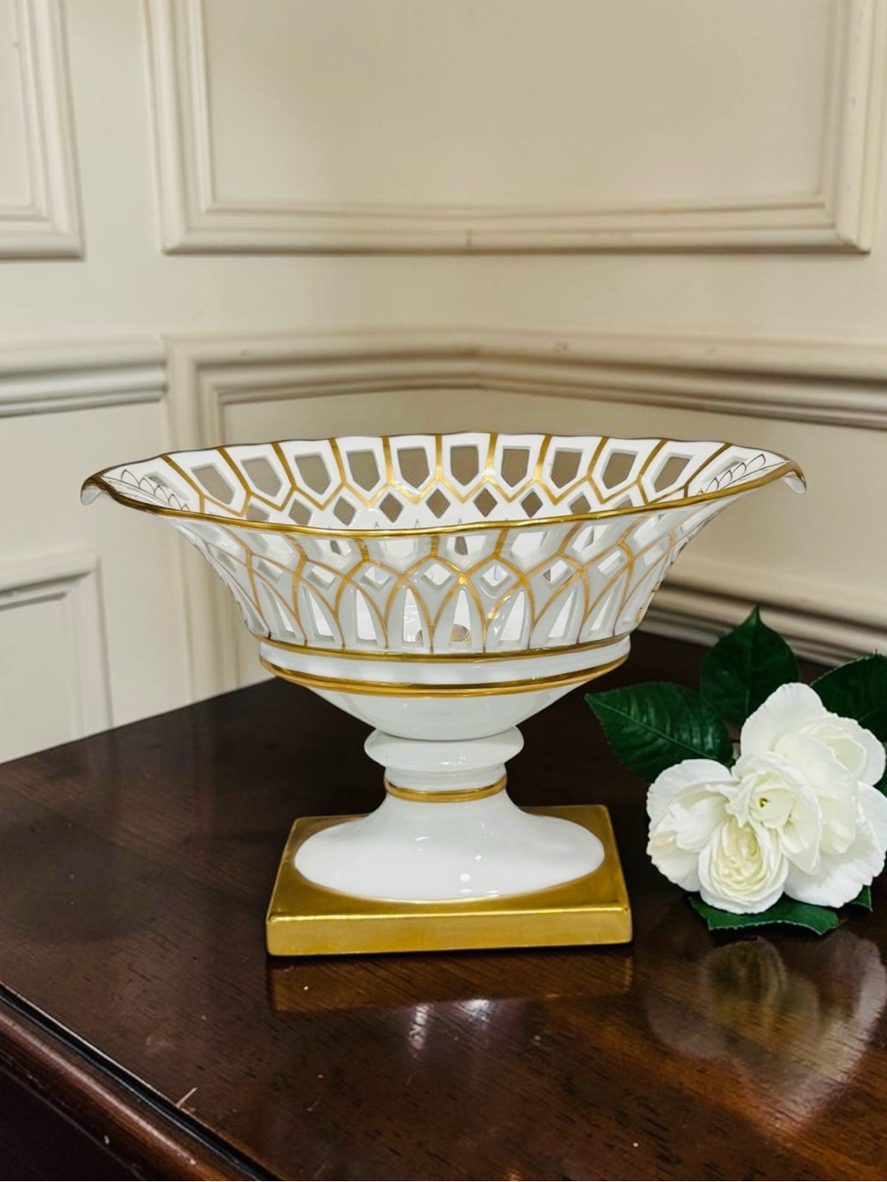 Reticulated Neoclassical Regency White Porcelain Basket Compote W/ Gold Gilt